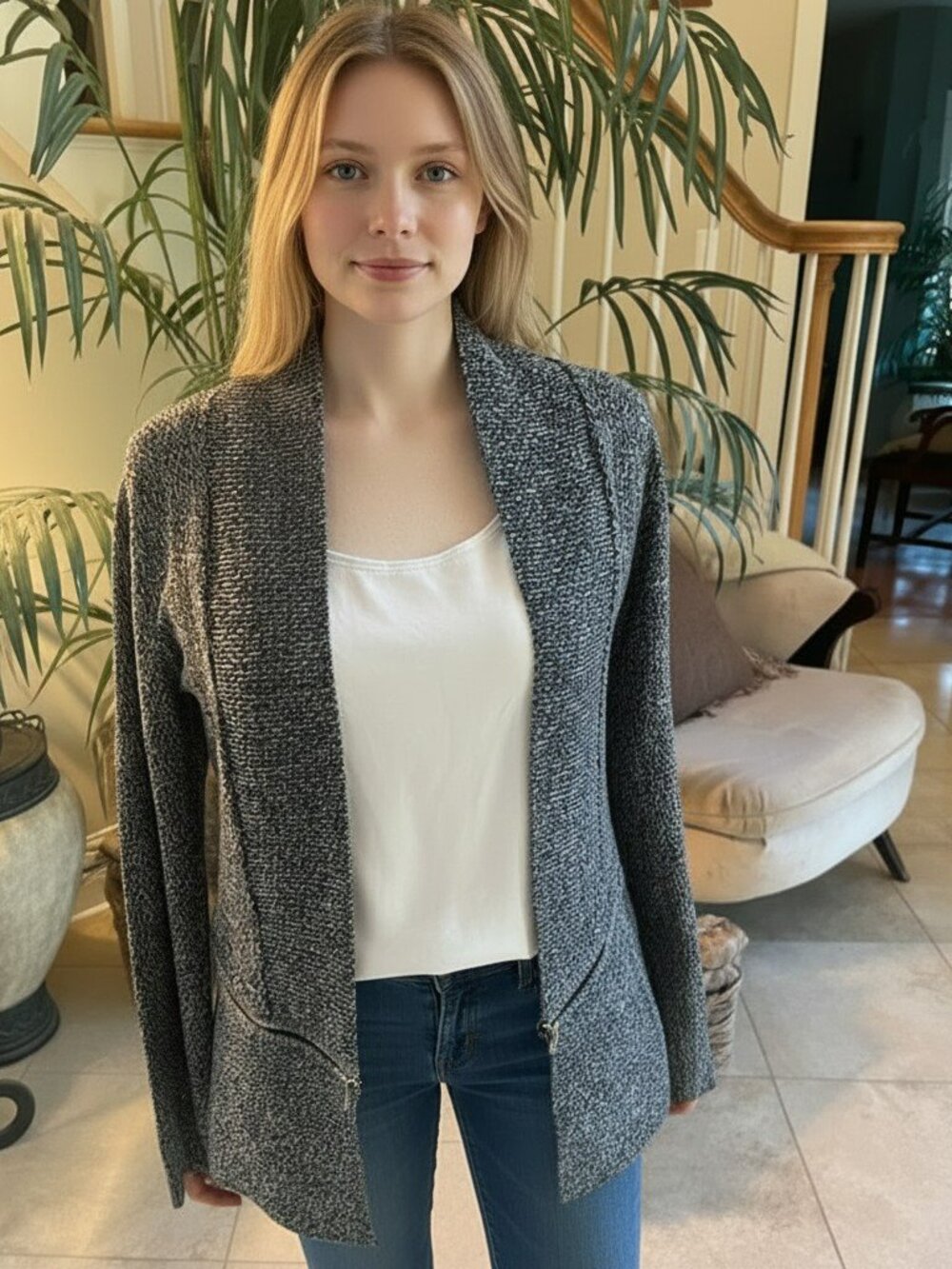 New York & Co Black & Gray Open-Front Knit Cardigan with Zipper to Modify Length